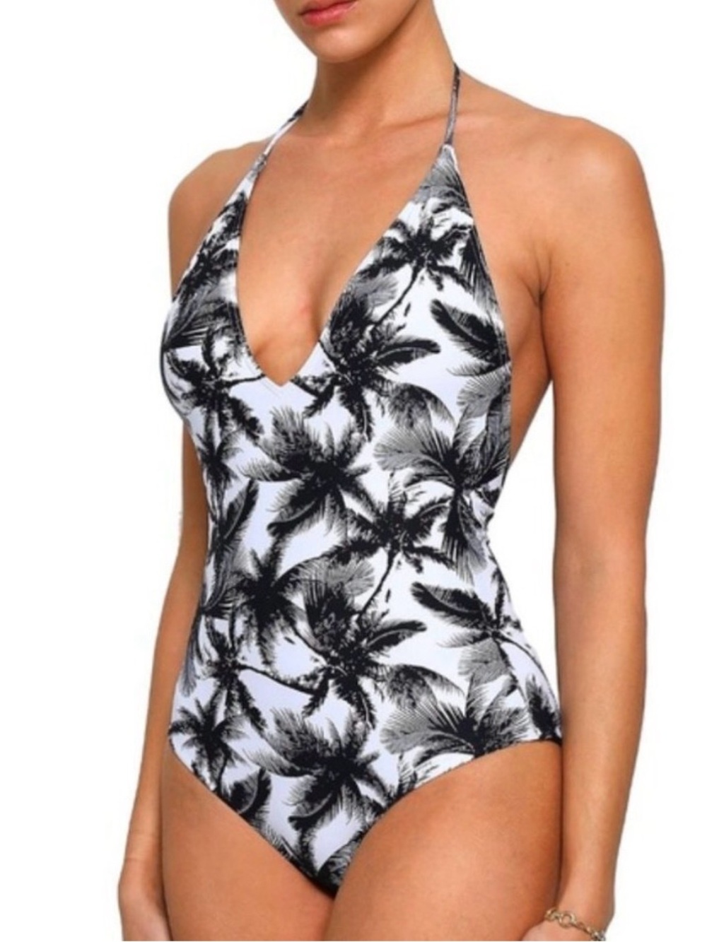 NWT Onia Nina One Piece Halter Swimsuit Black White Palm Size XS